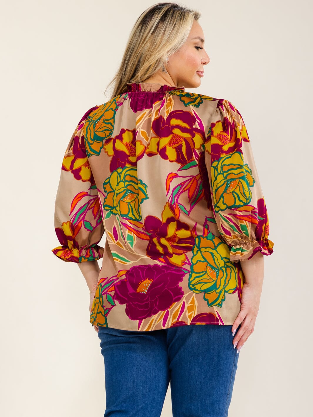 PLUS SIZE 3/4 SLEEVE FLORAL PRINT BLOUSE