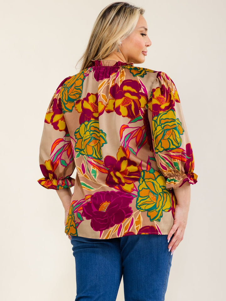 PLUS SIZE 3/4 SLEEVE FLORAL PRINT BLOUSE