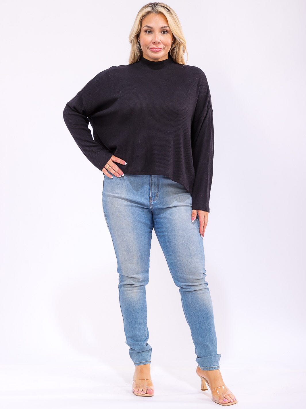 PLUS SIZE LONG SLEEVE MOCK NECK RIBBED TOP