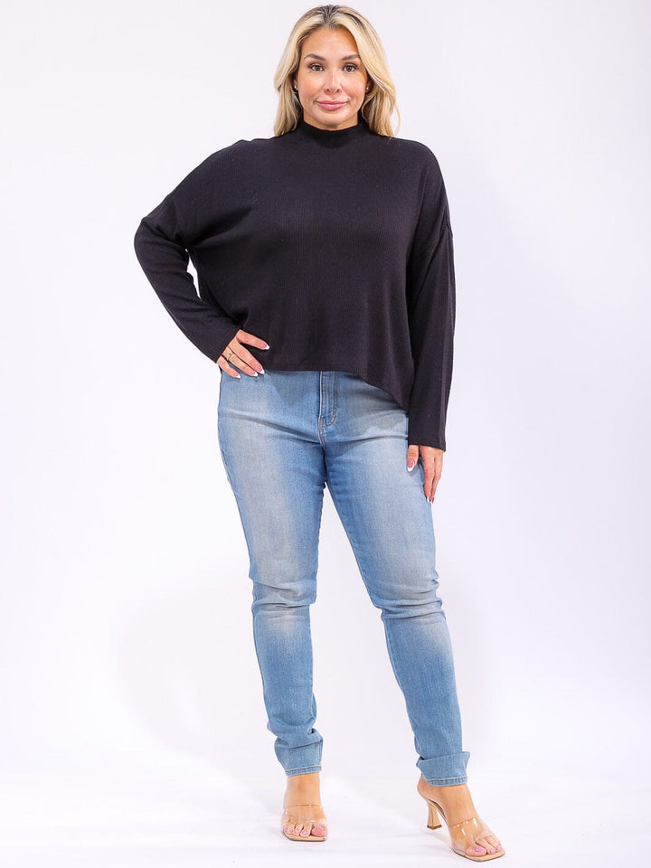 PLUS SIZE LONG SLEEVE MOCK NECK RIBBED TOP