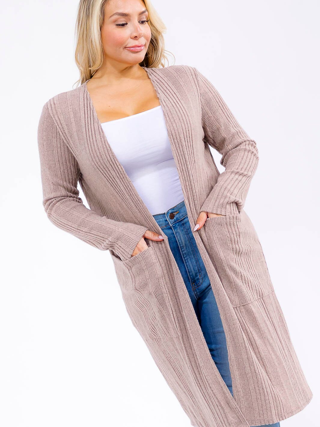 PLUS SIZE LONG SLEEVE OPEN FRONT POCKETS CARDIGAN