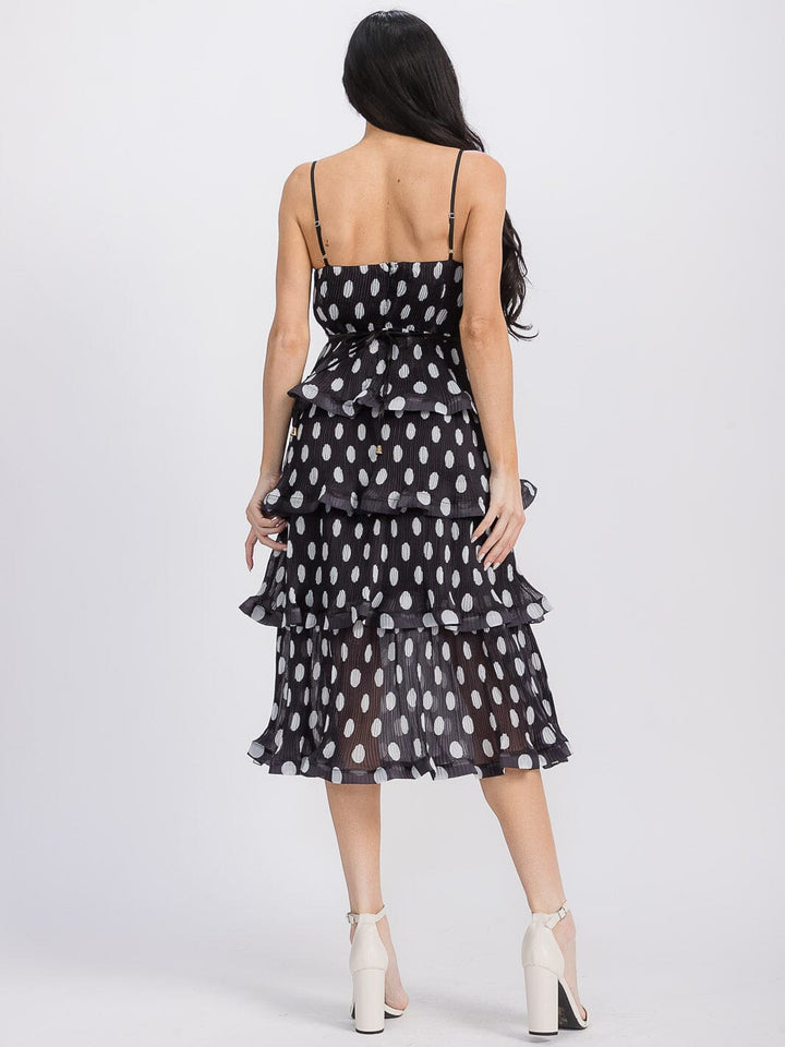 WOMEN'S SLEEVELESS V-NECK TIERED FLOWER DETAILED POLKA DOTS MIDI DRESS