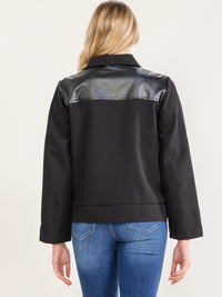 WOMEN'S LONG SLEEVE ZIPPER CLOSURE FRONT POCKETS PU PLEATHER CONTRAST JACKET