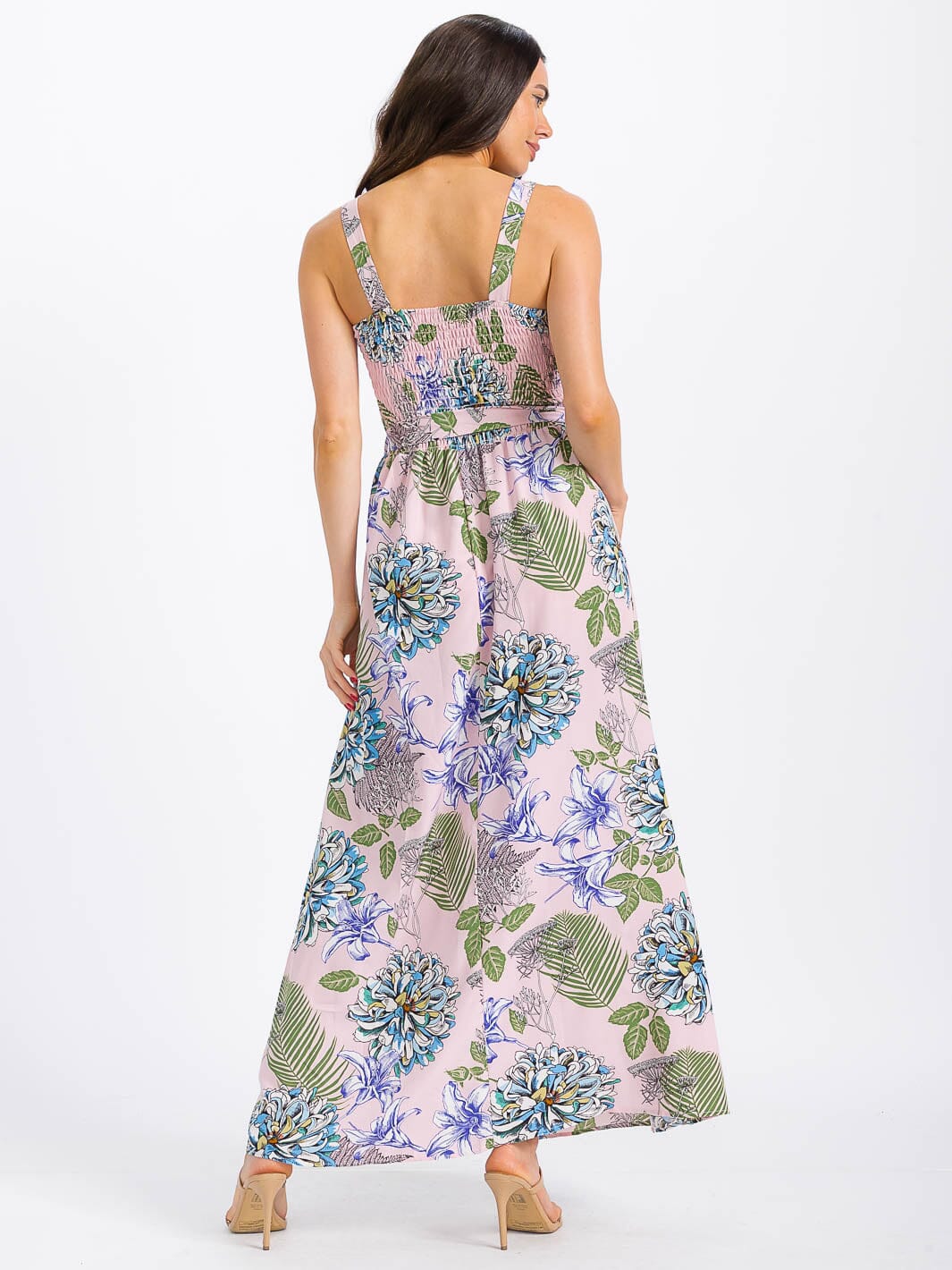 WOMEN'S SLEEVELESS BUTTON UP SMOCK SELF TIE FLORAL MAXI DRESS