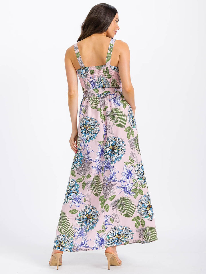 WOMEN'S SLEEVELESS BUTTON UP SMOCK SELF TIE FLORAL MAXI DRESS