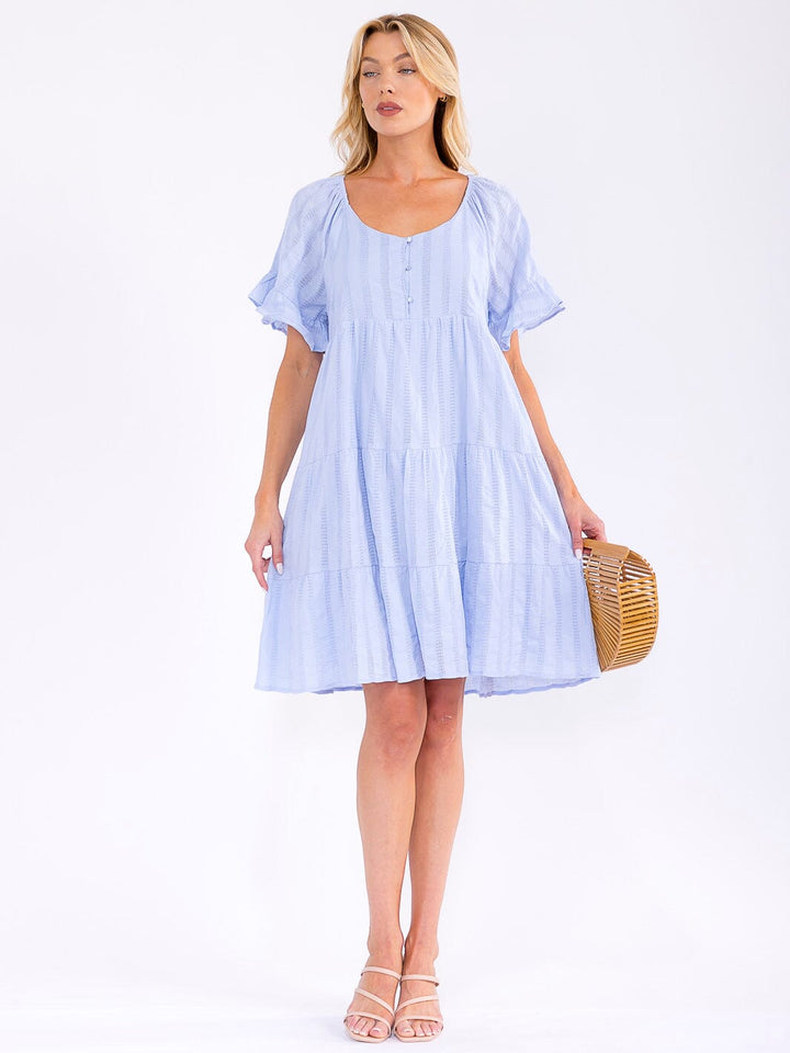 WOMEN'S SHORT RUFFLE SLEEVE FRONT POCKETS LOOSE FIT TIERED MINI DRESS