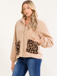 WOMEN'S LONG SLEEVE ZIP UP ANIMAL PRINT POCKETS COLORBLOCK SHERPA JACKET