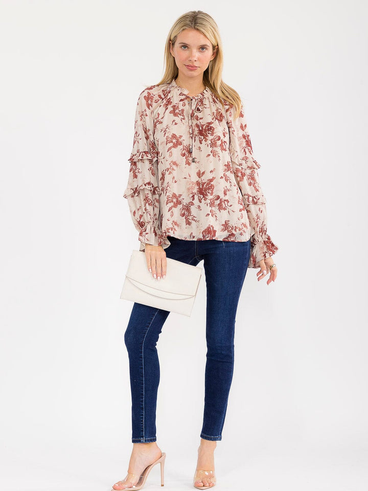 WOMEN'S LONG SLEEVE V-NECK RUFFLE FLORAL PRINT SHIMMER BLOUSE