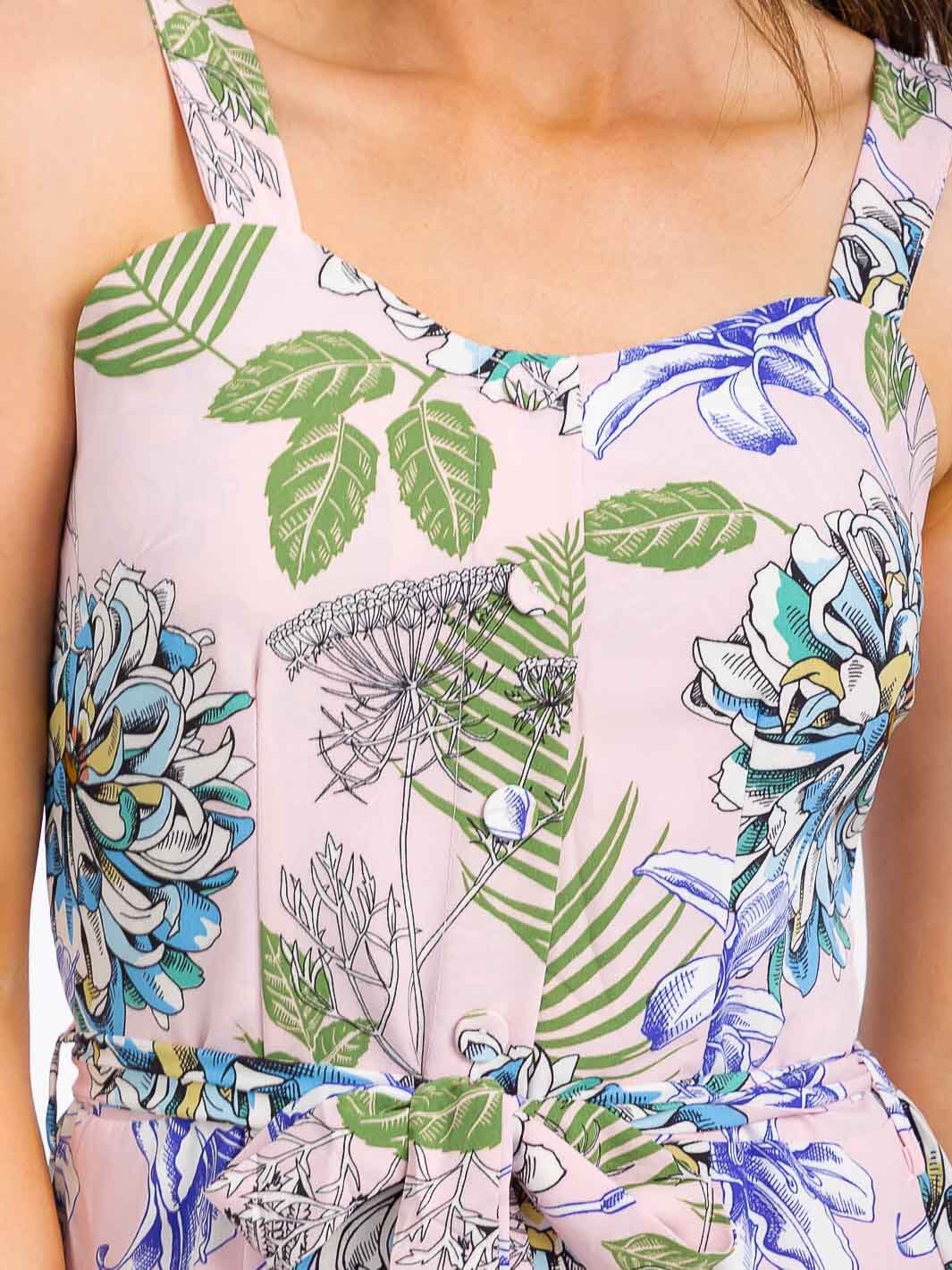 WOMEN'S SLEEVELESS BUTTON UP SMOCK SELF TIE FLORAL MAXI DRESS