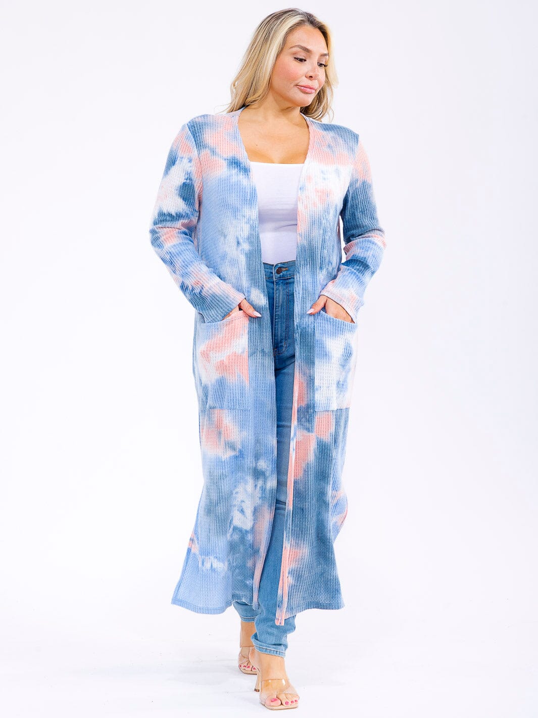 PLUS SIZE LONG SLEEVE OPEN FRONT POCKETS TIE DYE CARDIGAN