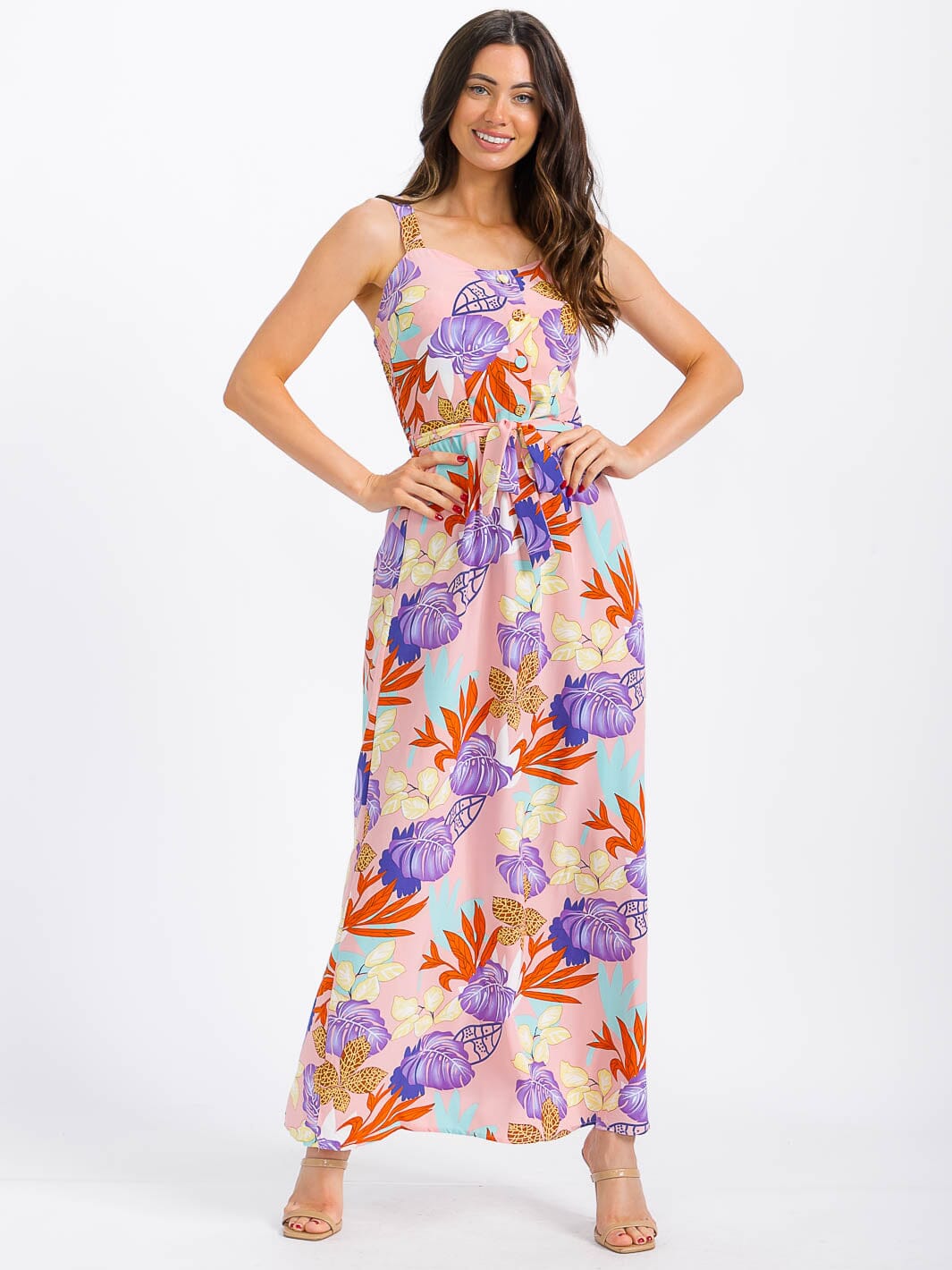 WOMEN'S SLEEVELESS BUTTON UP SMOCK SELF TIE FLORAL MAXI DRESS