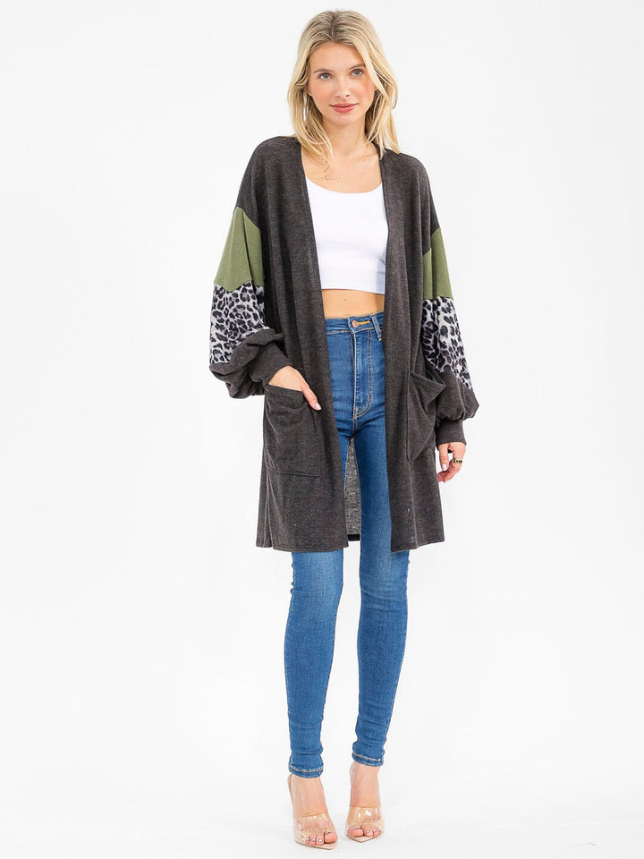 WOMEN'S LONG SLEEVE OPEN FRONT POCKETS ANIMAL PRINT CARDIGAN