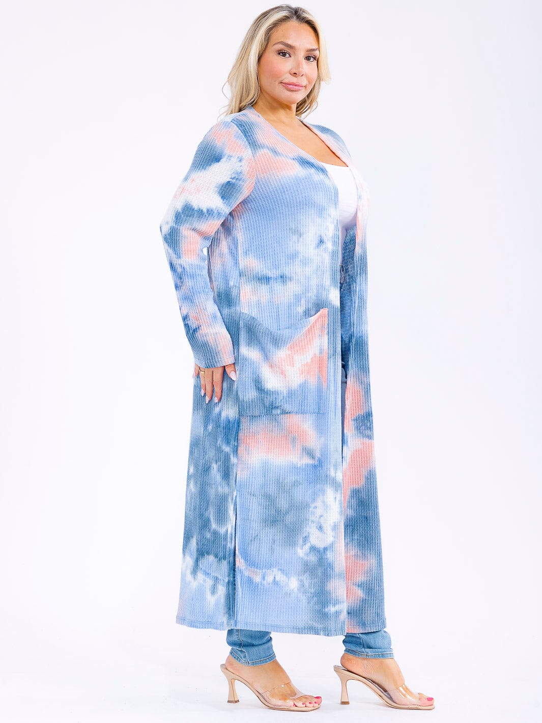PLUS SIZE LONG SLEEVE OPEN FRONT POCKETS TIE DYE CARDIGAN