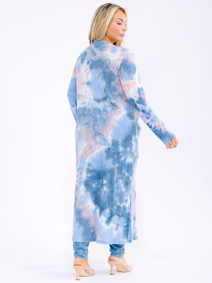 PLUS SIZE LONG SLEEVE OPEN FRONT POCKETS TIE DYE CARDIGAN
