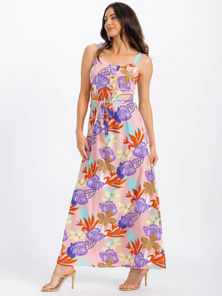 WOMEN'S SLEEVELESS BUTTON UP SMOCK SELF TIE FLORAL MAXI DRESS