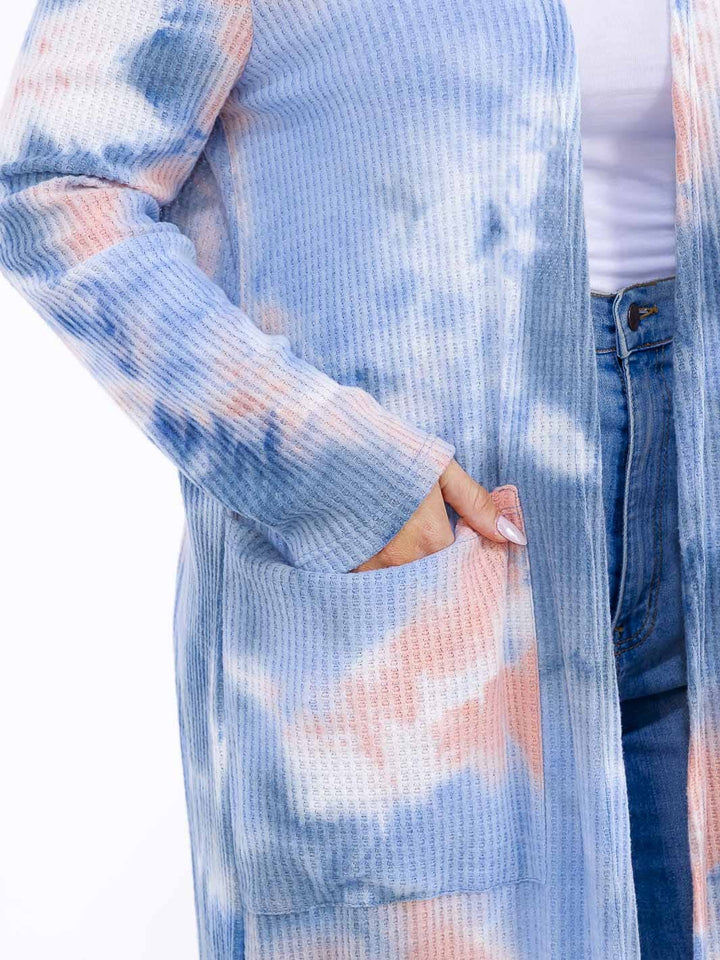 PLUS SIZE LONG SLEEVE OPEN FRONT POCKETS TIE DYE CARDIGAN
