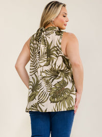ENTRO PLUS SIZE SLEEVELESS TURTLE NECK LEAF PRINT BLOUSE