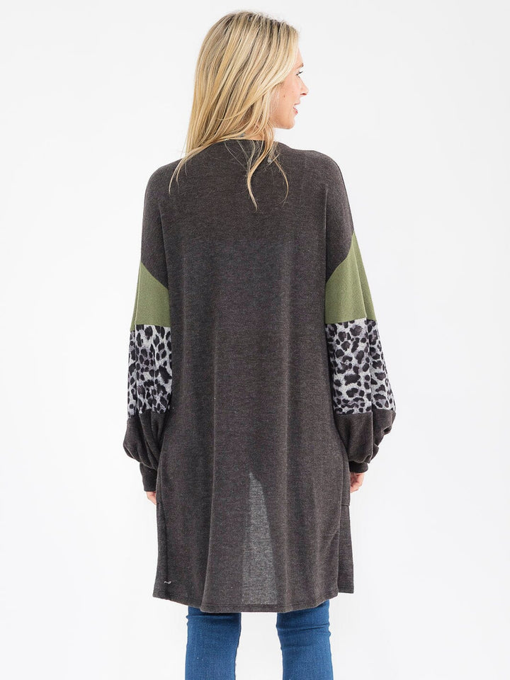 WOMEN'S LONG SLEEVE OPEN FRONT POCKETS ANIMAL PRINT CARDIGAN