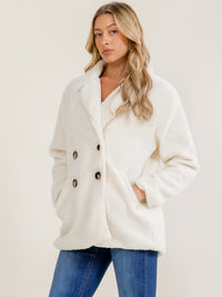 WOMEN'S LONG SLEEVE BUTTON CLOSURE FRONT POCKETS SHERPA JACKET
