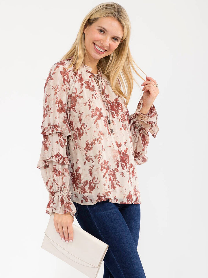 WOMEN'S LONG SLEEVE V-NECK RUFFLE FLORAL PRINT SHIMMER BLOUSE