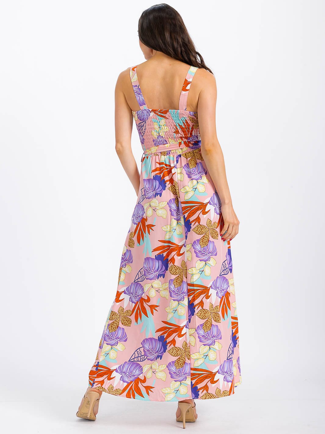 WOMEN'S SLEEVELESS BUTTON UP SMOCK SELF TIE FLORAL MAXI DRESS