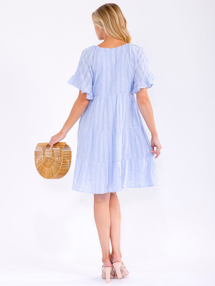 WOMEN'S SHORT RUFFLE SLEEVE FRONT POCKETS LOOSE FIT TIERED MINI DRESS