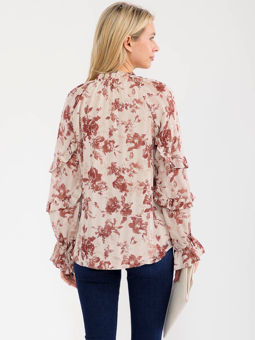 WOMEN'S LONG SLEEVE V-NECK RUFFLE FLORAL PRINT SHIMMER BLOUSE