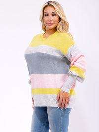 PLUS SIZE LONG SLEEVE V-NECK COLORBLOCK KNIT PULLOVER SWEATER