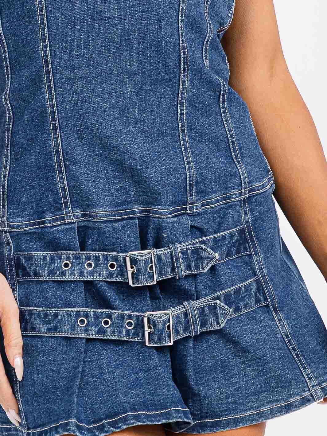 WOMEN'S SLEEVELESS FRONT BELT DETAILED DENIM TUBE MINI DRESS