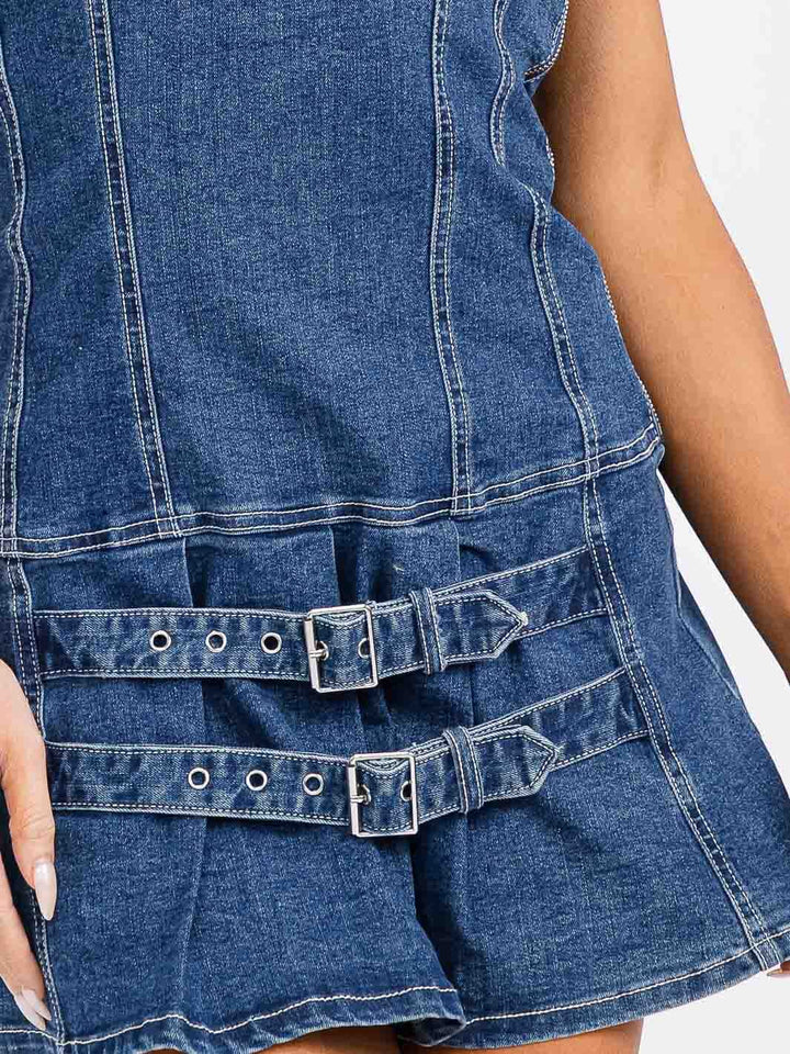 WOMEN'S SLEEVELESS FRONT BELT DETAILED DENIM TUBE MINI DRESS