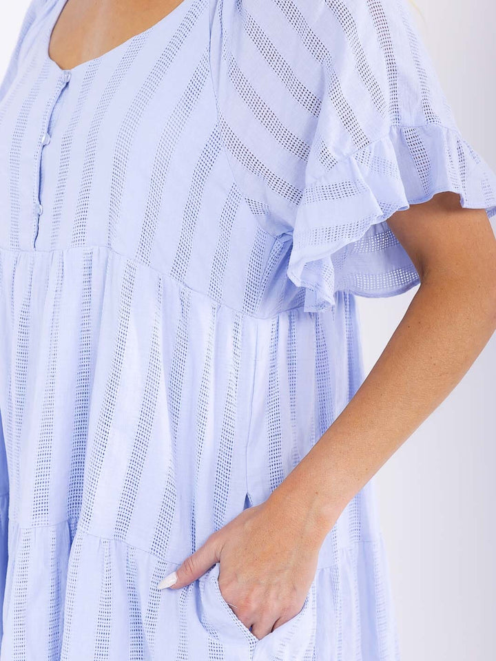 WOMEN'S SHORT RUFFLE SLEEVE FRONT POCKETS LOOSE FIT TIERED MINI DRESS