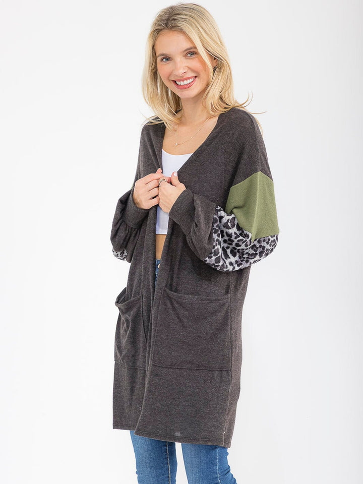 WOMEN'S LONG SLEEVE OPEN FRONT POCKETS ANIMAL PRINT CARDIGAN