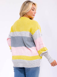 PLUS SIZE LONG SLEEVE V-NECK COLORBLOCK KNIT PULLOVER SWEATER