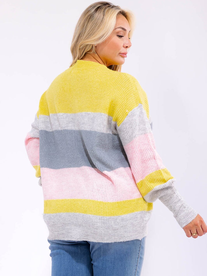 PLUS SIZE LONG SLEEVE V-NECK COLORBLOCK KNIT PULLOVER SWEATER