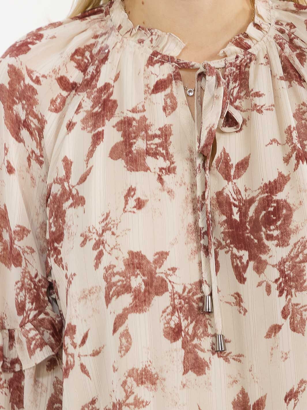 WOMEN'S LONG SLEEVE V-NECK RUFFLE FLORAL PRINT SHIMMER BLOUSE