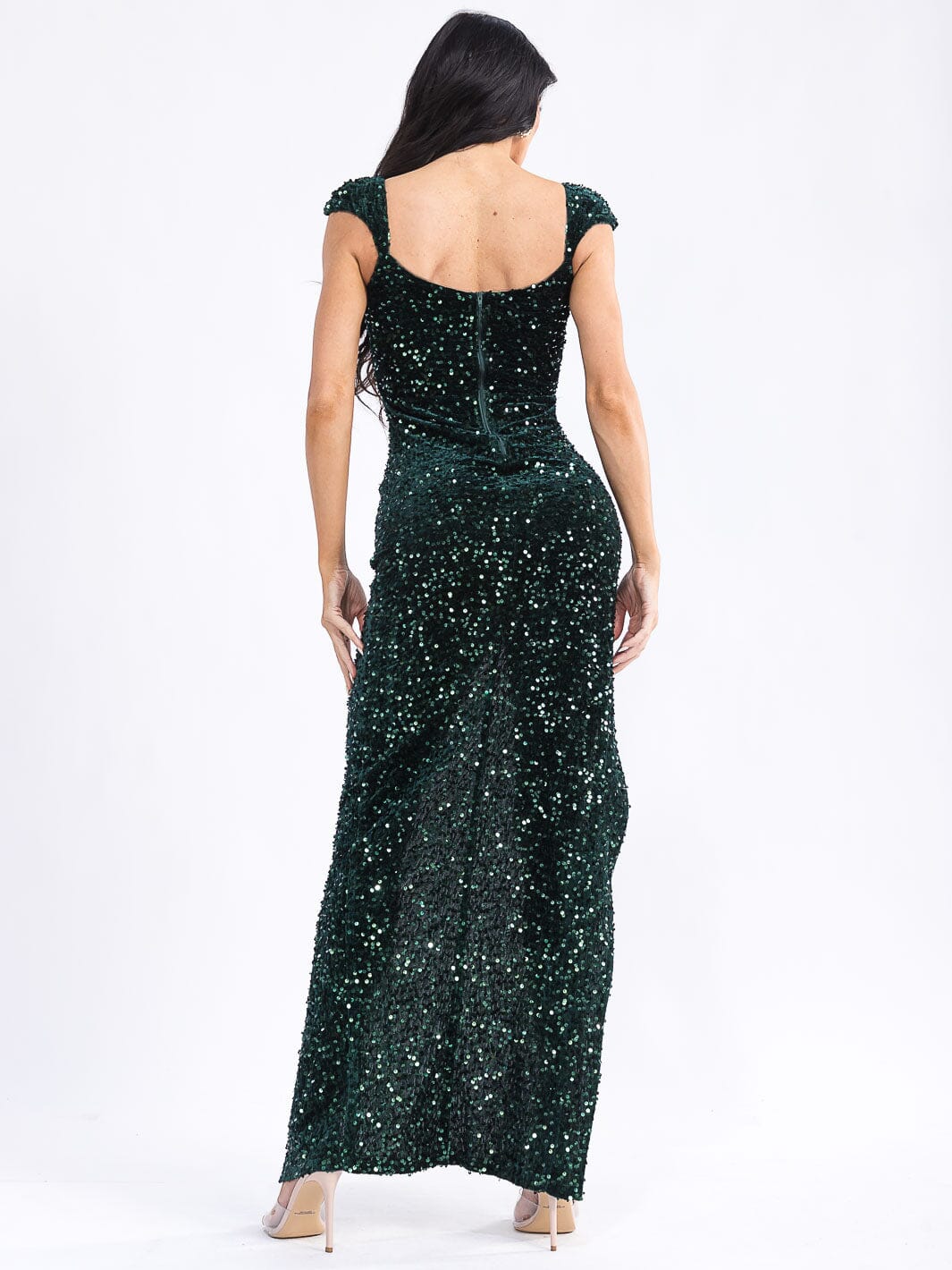 WOMEN'S SLEEVELESS V-NECK SIDE SLIT SEQUINS BODYCON MAXI DRESS