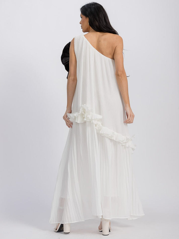 WOMEN'S SLEEVELESS ONE SHOULDER TIERED FLOWER DETAILED MAXI DRESS