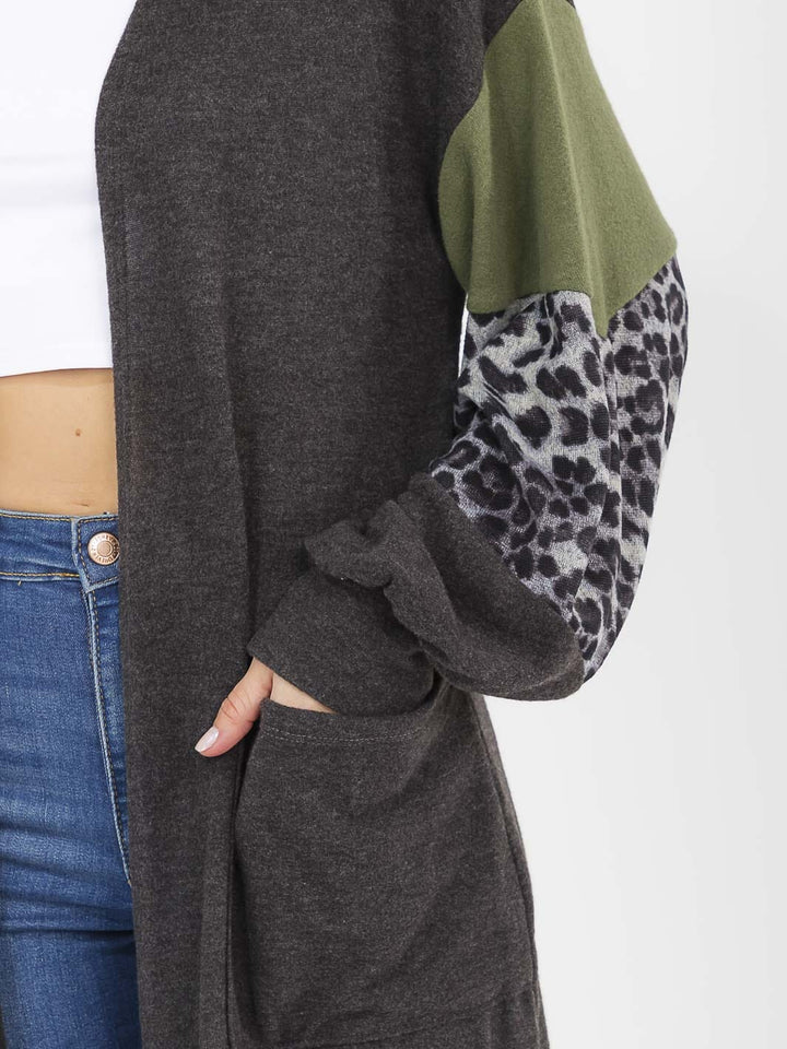 WOMEN'S LONG SLEEVE OPEN FRONT POCKETS ANIMAL PRINT CARDIGAN