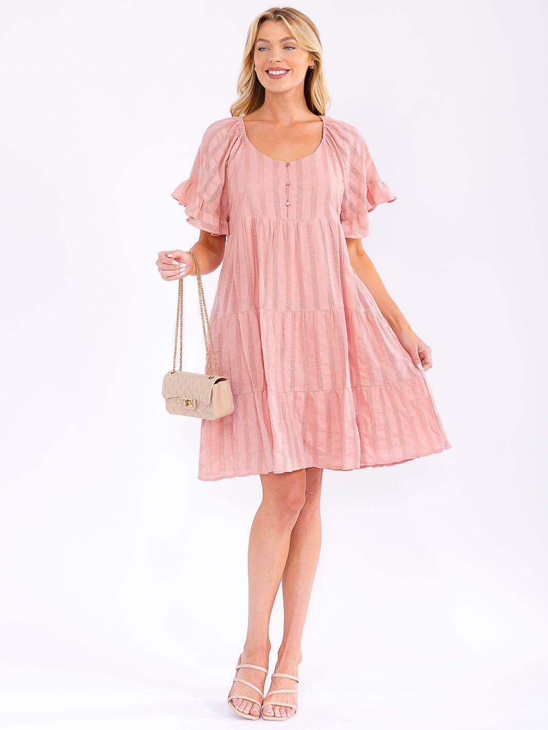 WOMEN'S SHORT RUFFLE SLEEVE FRONT POCKETS LOOSE FIT TIERED MINI DRESS