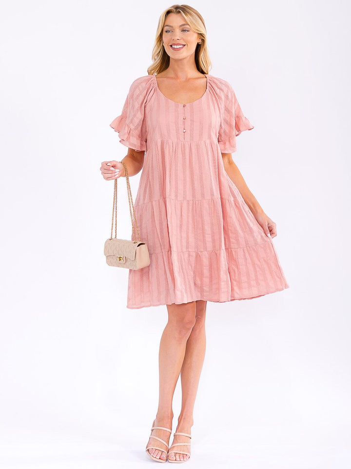 WOMEN'S SHORT RUFFLE SLEEVE FRONT POCKETS LOOSE FIT TIERED MINI DRESS