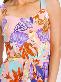 WOMEN'S SLEEVELESS BUTTON UP SMOCK SELF TIE FLORAL MAXI DRESS