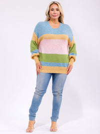 PLUS SIZE LONG SLEEVE V-NECK COLORBLOCK KNIT PULLOVER SWEATER