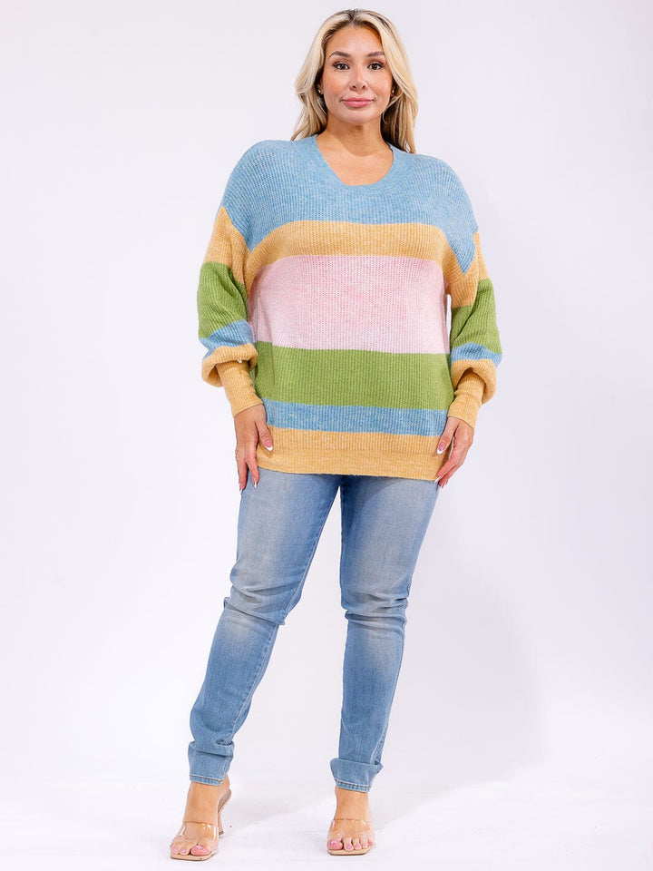PLUS SIZE LONG SLEEVE V-NECK COLORBLOCK KNIT PULLOVER SWEATER