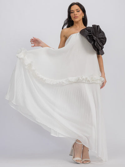 WOMEN'S SLEEVELESS ONE SHOULDER TIERED FLOWER DETAILED MAXI DRESS