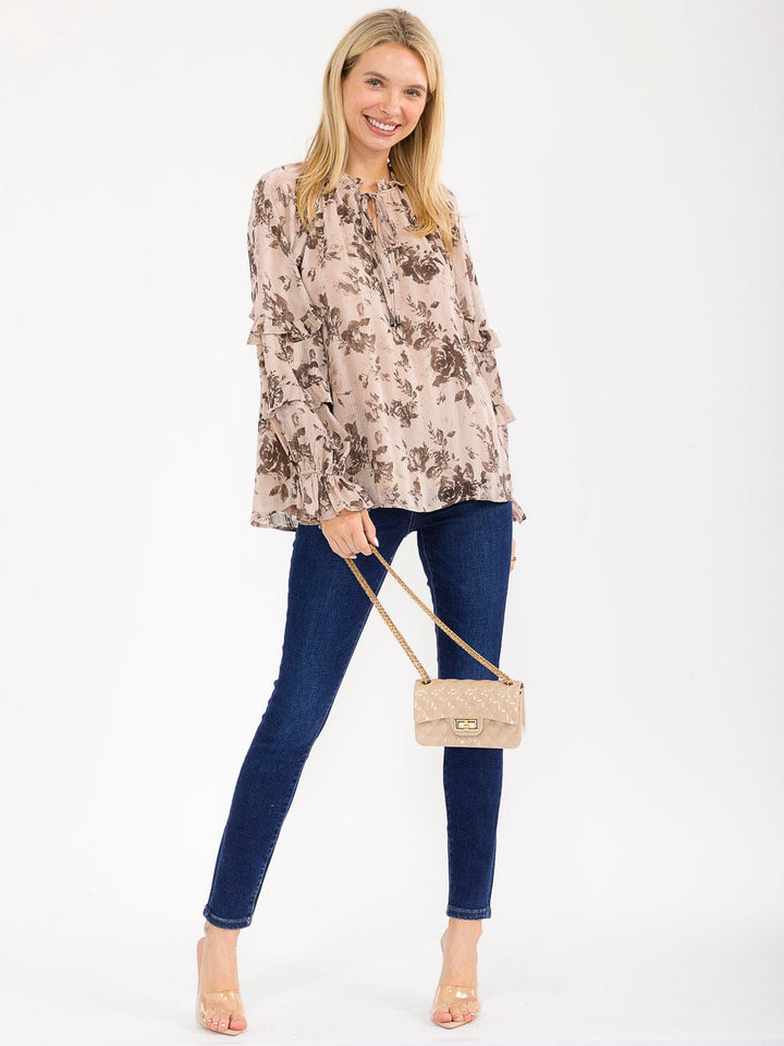 WOMEN'S LONG SLEEVE V-NECK RUFFLE FLORAL PRINT SHIMMER BLOUSE