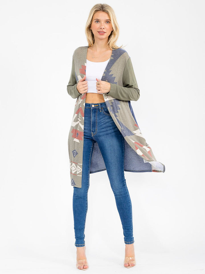 WOMEN'S LONG SLEEVE OPEN FRONT POCKETS MULTI PRINT CARDIGAN