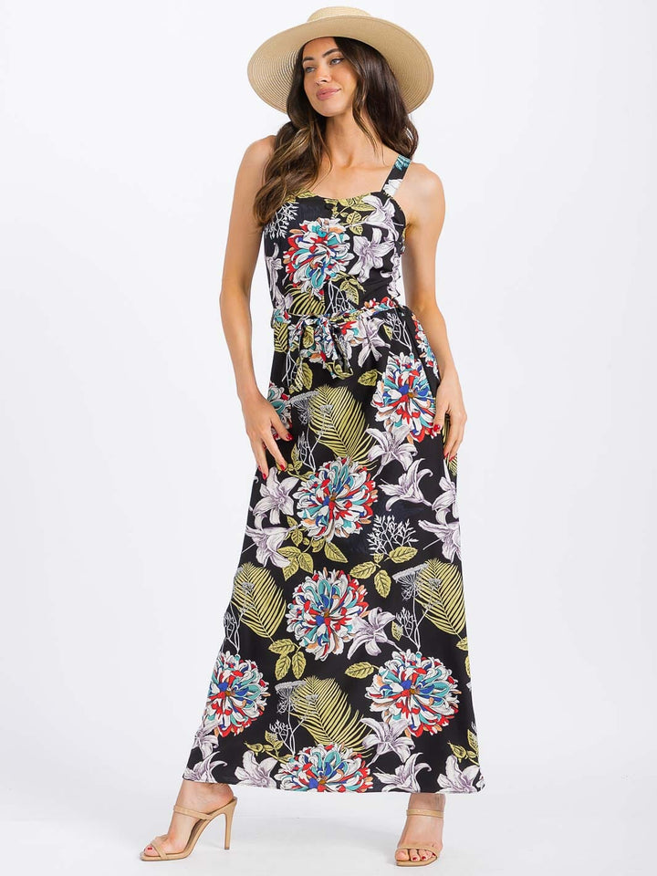 WOMEN'S SLEEVELESS BUTTON UP SMOCK SELF TIE FLORAL MAXI DRESS