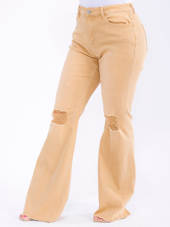 PLUS SIZE BUTTON CLOSURE DISTRESS STRETCH DENIM BELL LEG JEANS