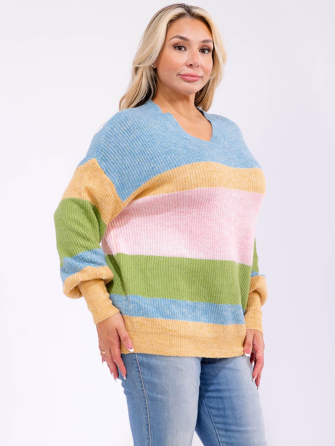 PLUS SIZE LONG SLEEVE V-NECK COLORBLOCK KNIT PULLOVER SWEATER
