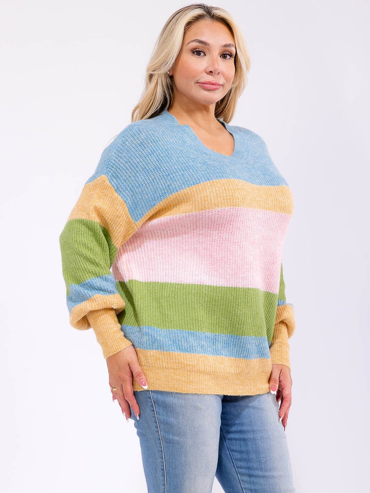 PLUS SIZE LONG SLEEVE V-NECK COLORBLOCK KNIT PULLOVER SWEATER